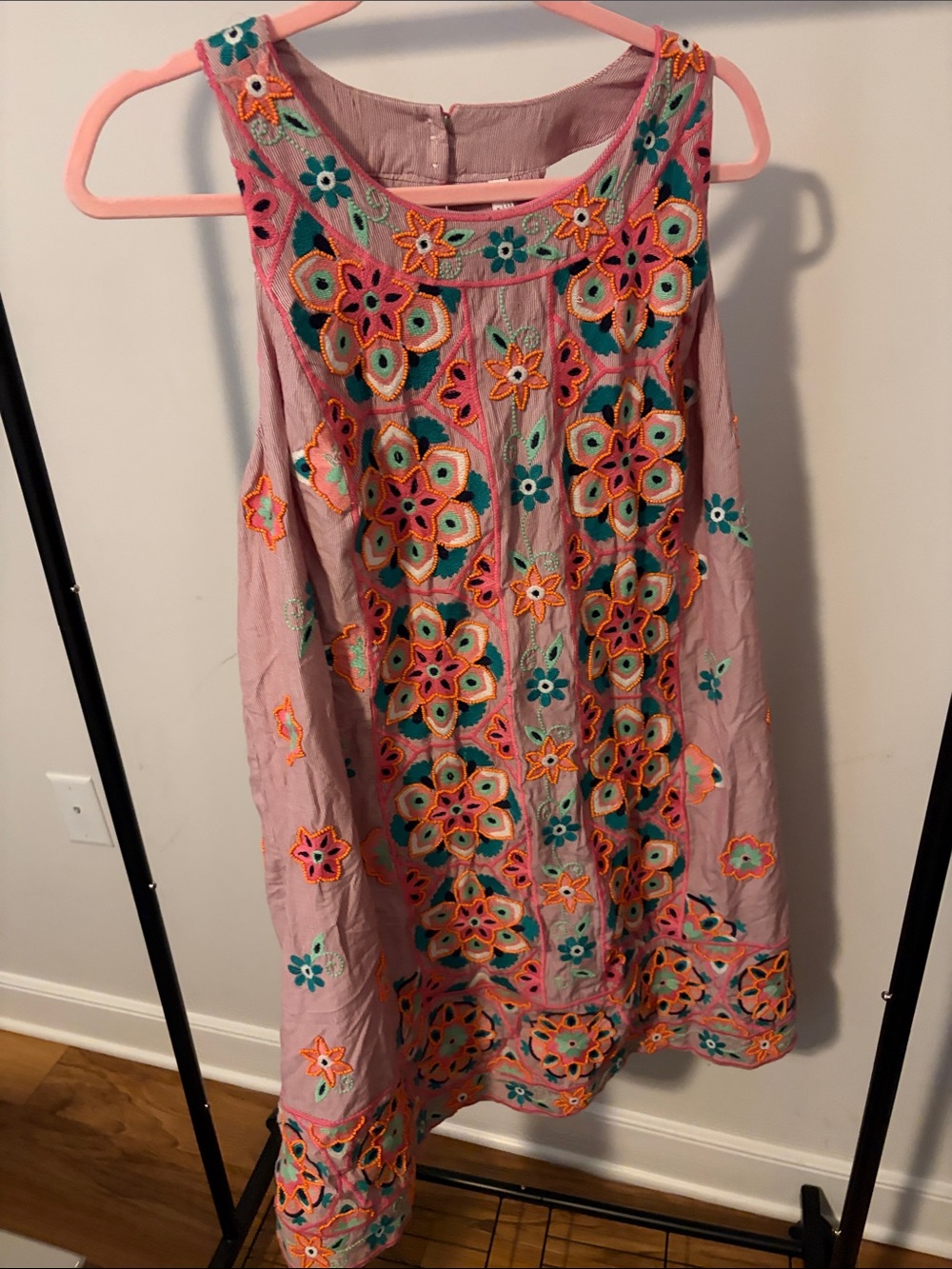 Anthropologie Pink Sleeveless Embroidered Mini Dress